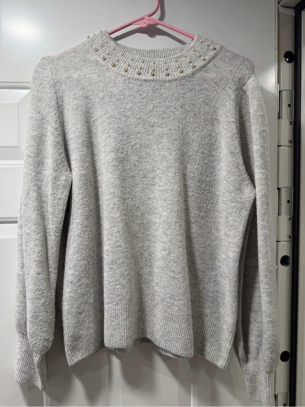 CeCe Light Gray Pearl-Embellished Turtleneck Sweater